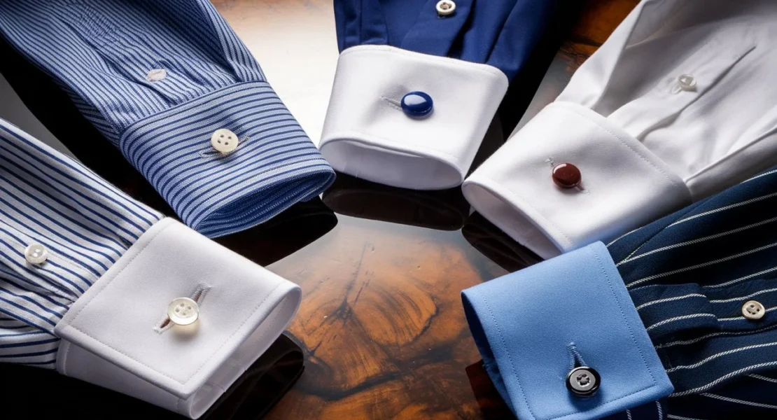 Close-up of five convertible cuff shirts in various colors and patterns, highlighting their versatility with both buttons and cufflinks.