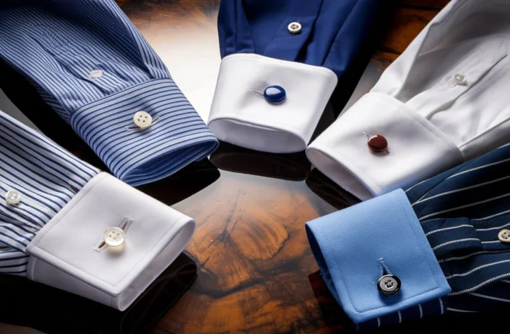 Close-up of five convertible cuff shirts in various colors and patterns, highlighting their versatility with both buttons and cufflinks.