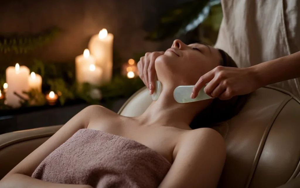 Person receiving a relaxing Gua Sha massage on the neck in a spa setting, surrounded by soft candlelight and greenery.