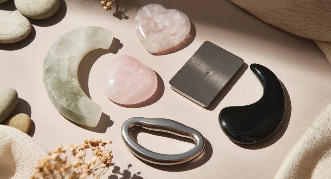 A flat lay image showcasing various Gua Sha tools in different shapes and materials, including jade, rose quartz, stainless steel, and obsidian, arranged on a neutral-toned surface with natural elements like pebbles, soft fabric, and dried flowers.