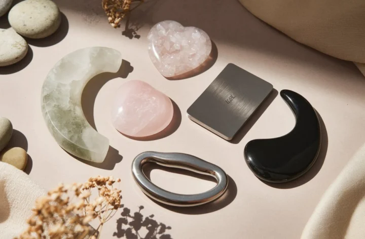 A flat lay image showcasing various Gua Sha tools in different shapes and materials, including jade, rose quartz, stainless steel, and obsidian, arranged on a neutral-toned surface with natural elements like pebbles, soft fabric, and dried flowers.