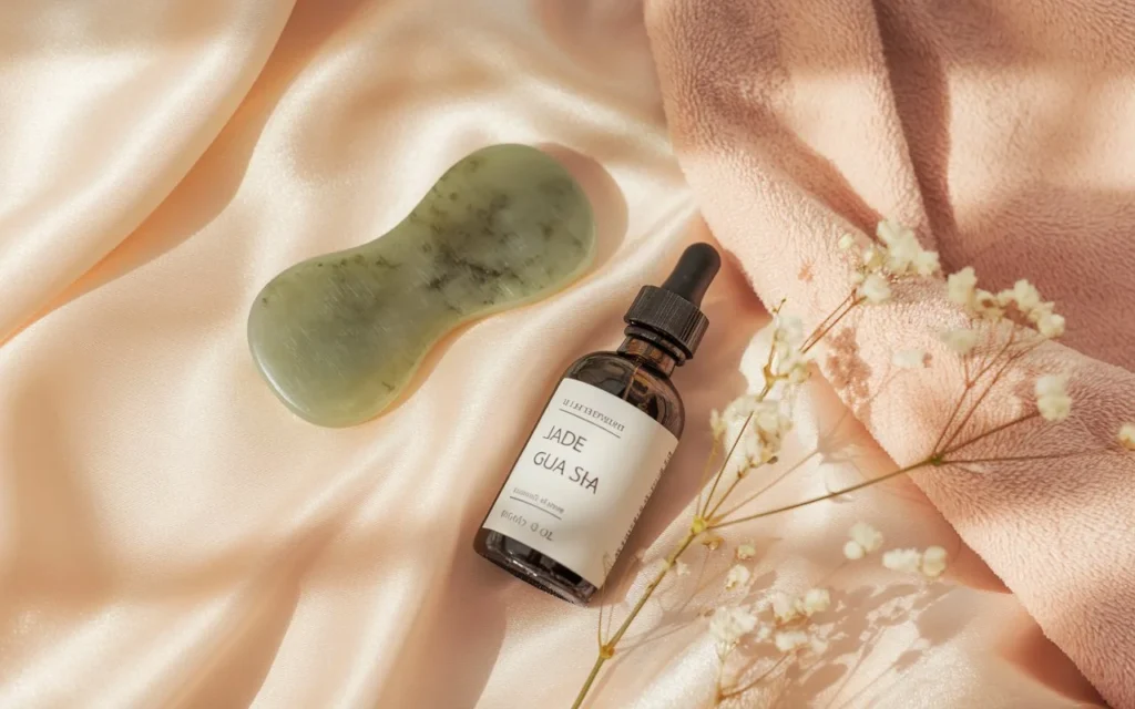 Jade Gua Sha tool paired with a bottle of facial oil, elegantly placed on soft peach satin fabric with delicate white flowers and a cozy towel.