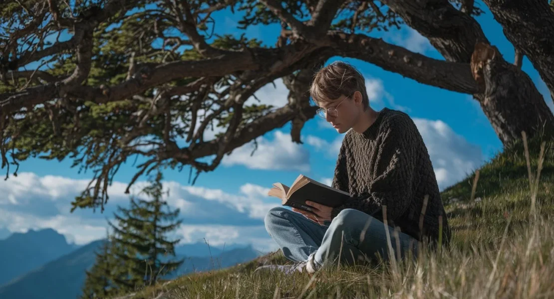 A serene outdoor scene featuring a young person in a dark green sweater and jeans, sitting under a tree on a mountain slope with golden sunlight and distant mountains.