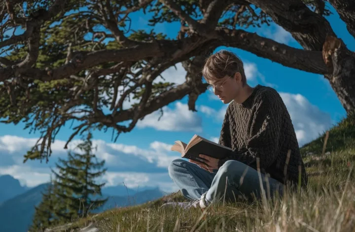 A serene outdoor scene featuring a young person in a dark green sweater and jeans, sitting under a tree on a mountain slope with golden sunlight and distant mountains.