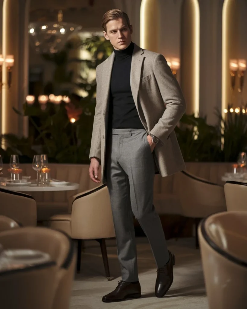 Model in a black turtleneck, wool coat, and slim-fit trousers in an elegant restaurant with ambient lighting and opulent decor.