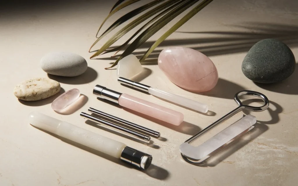 An elegant arrangement of Gua Sha tools made from jade, rose quartz, and stainless steel on a neutral beige background with decorative stones and soft natural light.