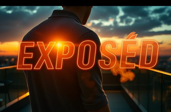Man in knit polo shirt on penthouse terrace. Outdated knitwear silhouette. "EXPOSED" text overlay.