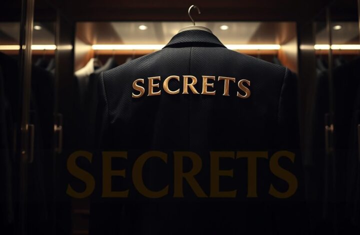 Luxurious closet, textured dark suit jacket, gold SECRETS text. Men's fashion, formal outfit.