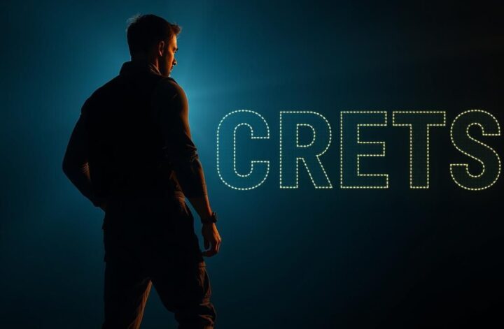 Man in cargo pants & utility vest silhouette. Backlit studio, "SECRETS" text. Workwear fashion, men's outfit.