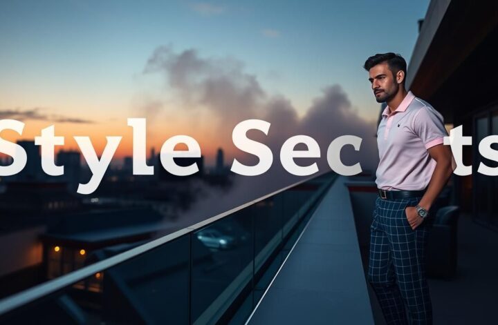 Man in pink polo, plaid trousers on rooftop at dusk. "Style Secrets" overlay, chrome watch. Menswear fashion.
