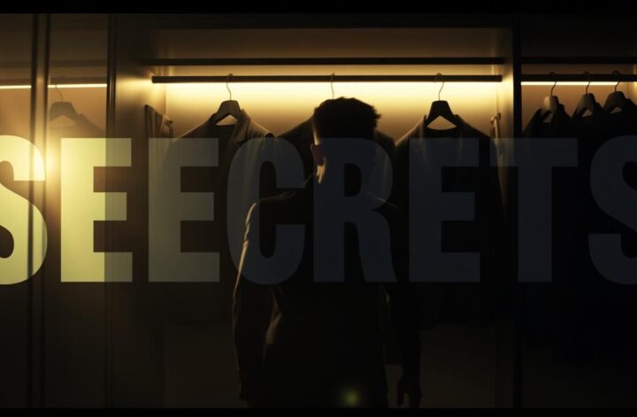 Upscale closet. Tailored blazers & shirts for athletic men. Shadow silhouette trying clothes. Men's fashion, luxury style.