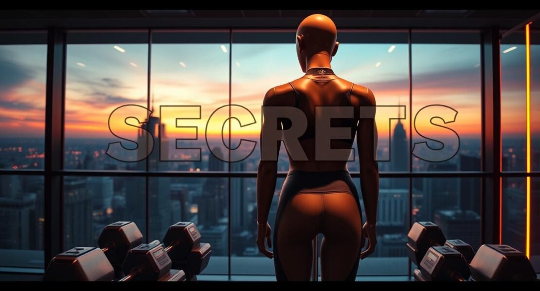 Luxury gym, city view. Mannequin in athleisure. Dumbbells. "SECRETS" overlay. Men's fashion outfit.