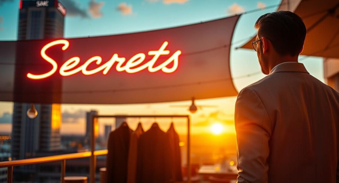 Man in linen blazer admires Miami skyline. Mens fashion, summer outfit.