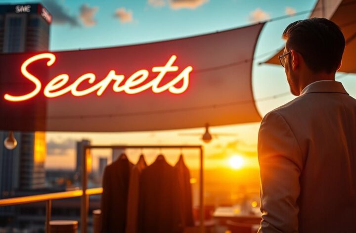 Man in linen blazer admires Miami skyline. Mens fashion, summer outfit.