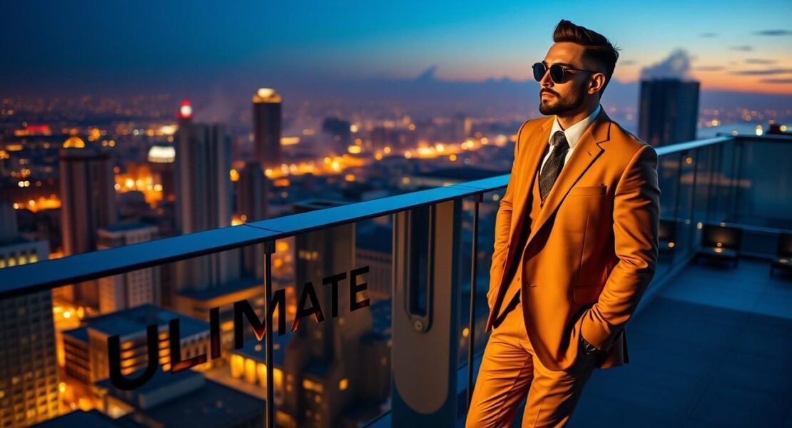 Man in tan suit on rooftop. City view. Aviator sunglasses. Men's fashion.