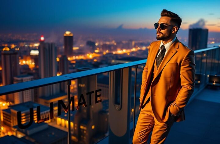 Man in tan suit on rooftop. City view. Aviator sunglasses. Men's fashion.