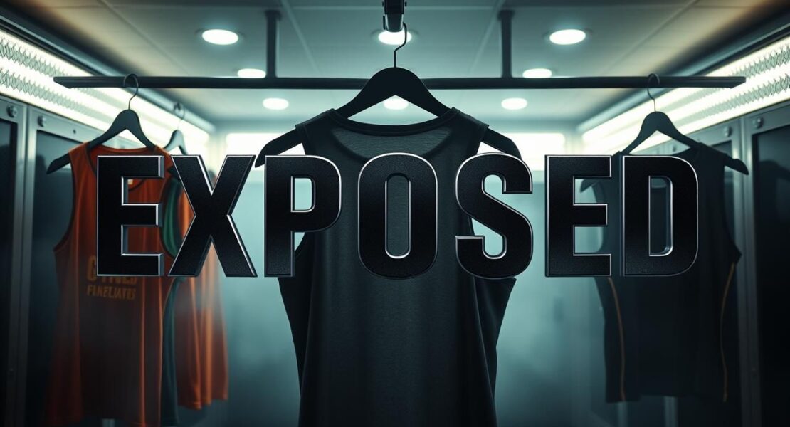 Modern gym locker room, "EXPOSED" text, trendy men's tank tops. Gym fashion.