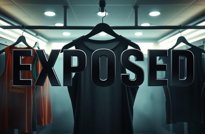 Modern gym locker room, "EXPOSED" text, trendy men's tank tops. Gym fashion.