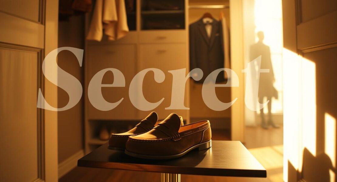Men's suede loafers, linen shorts & chinos in closet. Suit silhouette, golden light. Men's fashion 2025.