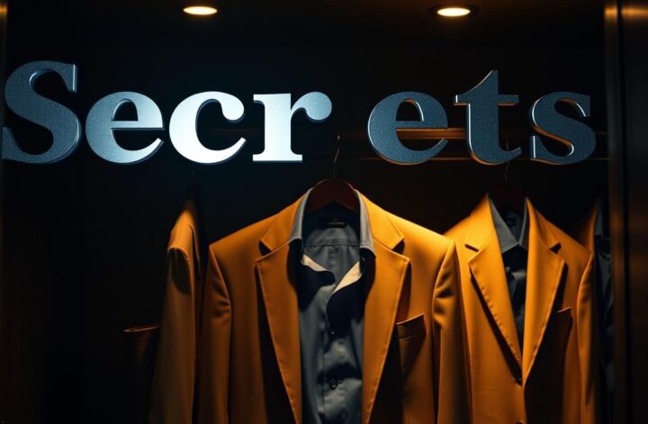 Men's blazer & shirt outfits in upscale closet. Tan blazers, navy shirts. Man silhouette.