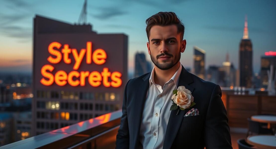 Man in navy suit & floral boutonniere at rooftop bar. "Style Secrets" neon sign. Men's fashion outfit.