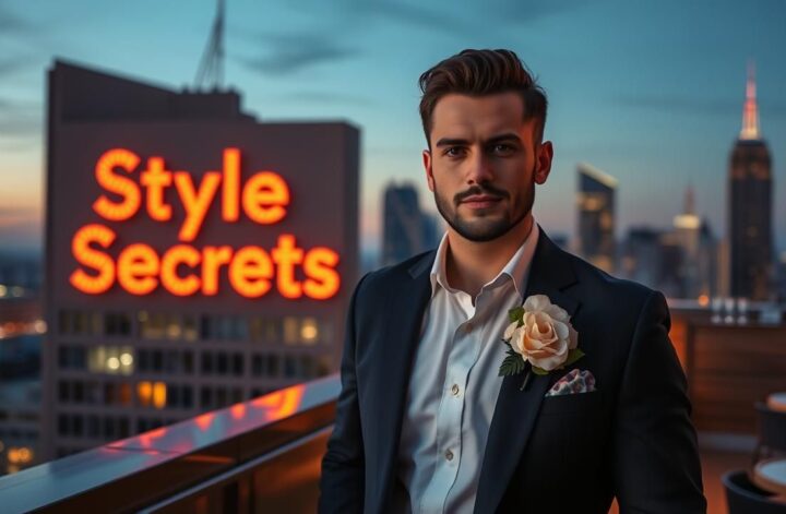 Man in navy suit & floral boutonniere at rooftop bar. "Style Secrets" neon sign. Men's fashion outfit.