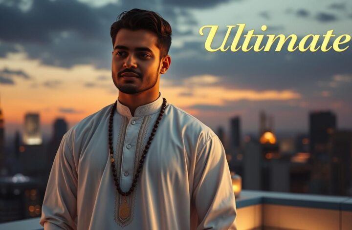 Eid celebration. Modern thobe, gold embroidery, prayer beads. NYC skyline. Men's fashion outfit.