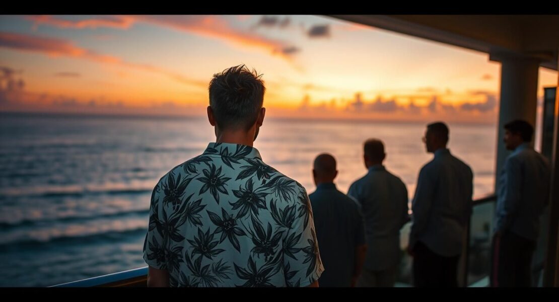 Man in floral shirt on resort balcony at dusk, "Secrets" railing. Menswear fashion editorial.