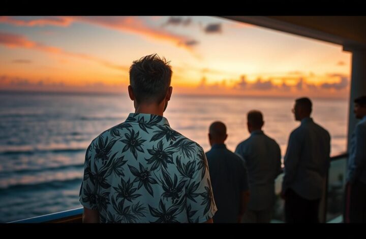 Man in floral shirt on resort balcony at dusk, "Secrets" railing. Menswear fashion editorial.