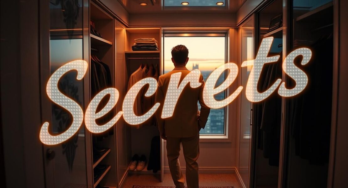 Men's 2025 fashion: Tan suit, glowing sneakers in luxury closet. "Secrets" chrome text overlay.
